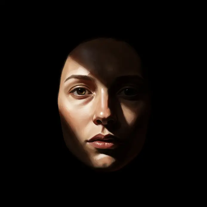 A portrait study with strong chiaroscuro lighting and dramatic facial shadows