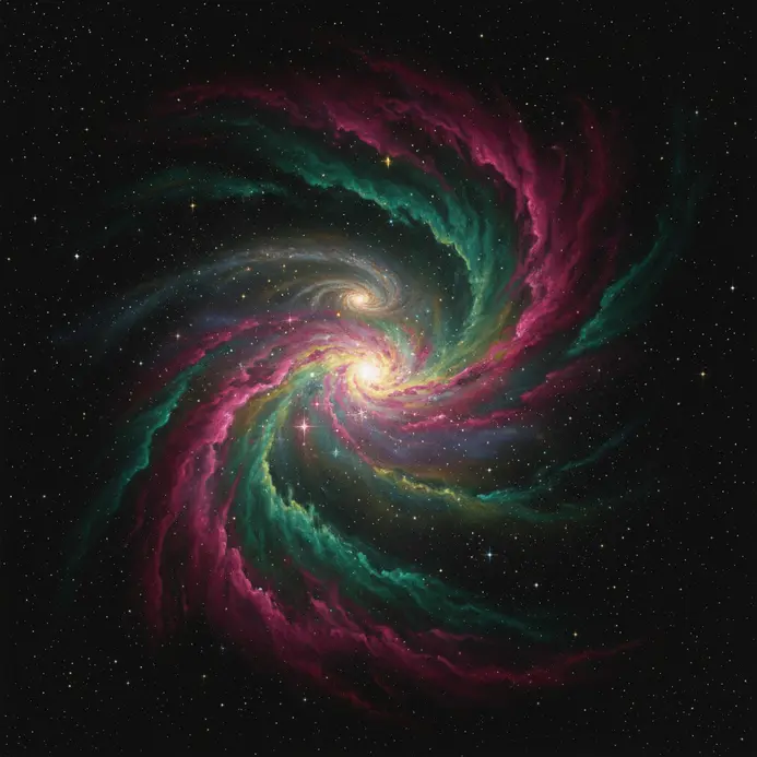 A colorful space scene with nebula galaxy stars and distant planetary glow