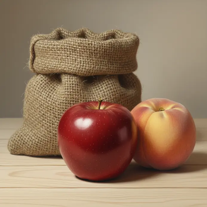 A still life emphasizing rough fabric shiny fruit and soft fuzzy textures