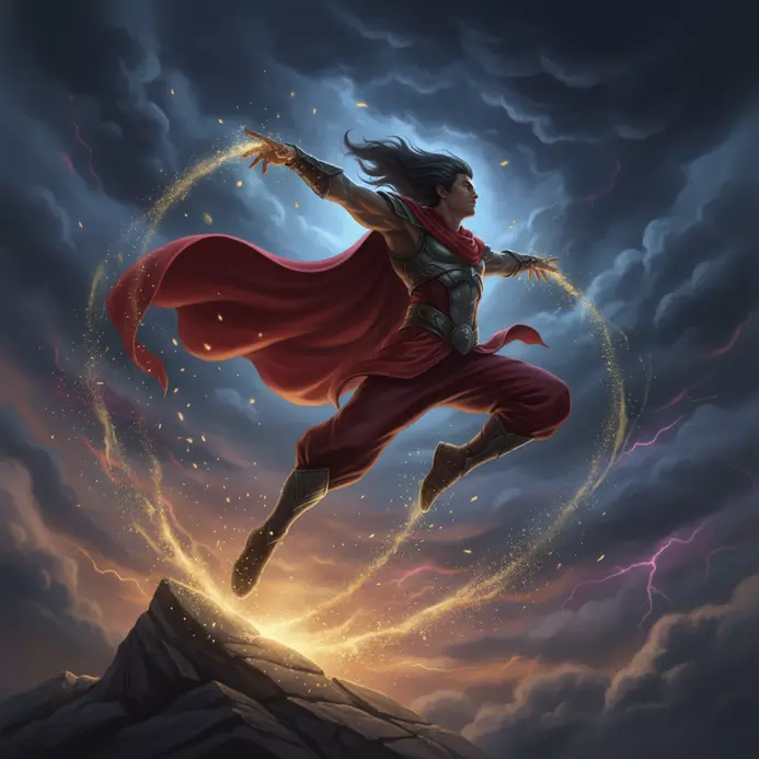 A character leaping through the air with flowing clothing and strong motion