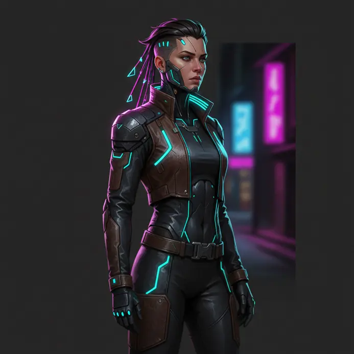 A futuristic cyberpunk character with neon implants and dramatic lighting