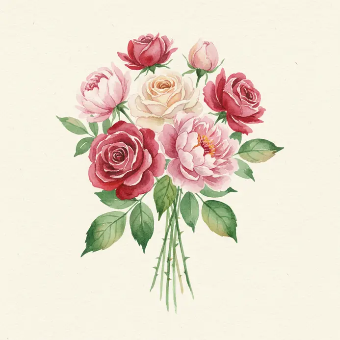 A bouquet of flowers painted in a soft digital watercolor style on textured paper