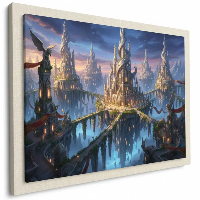 A floating fantasy city with detailed architecture and glowing bridges in the clouds