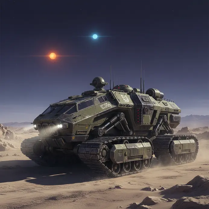 A futuristic armored transport vehicle on an alien world in digital painting style