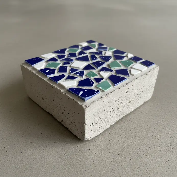 Square concrete base paperweight with a blue and white mosaic tile top