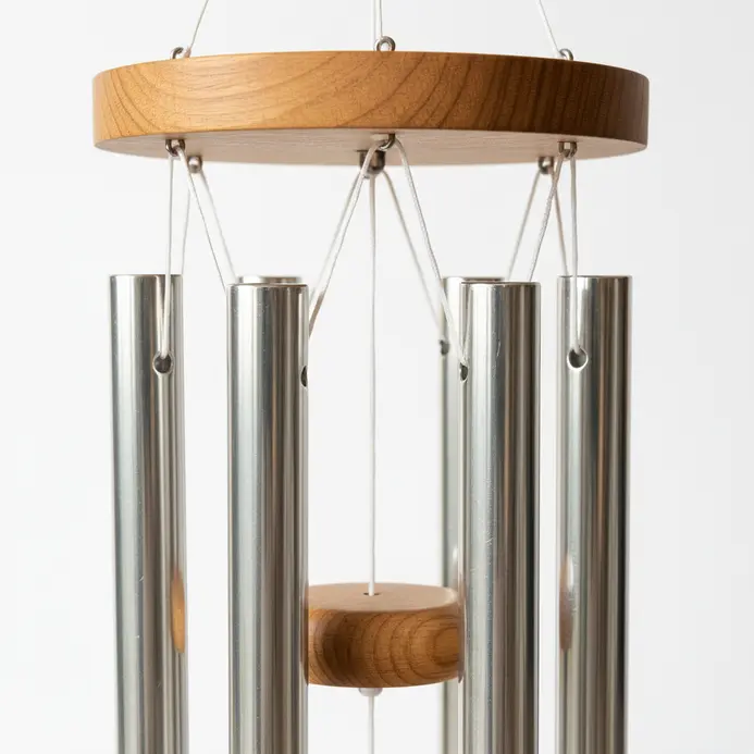 Several polished aluminum tubes hanging from a wooden disc in a garden