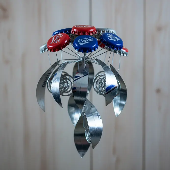 A colorful wind chime made from flattened bottle caps and cans