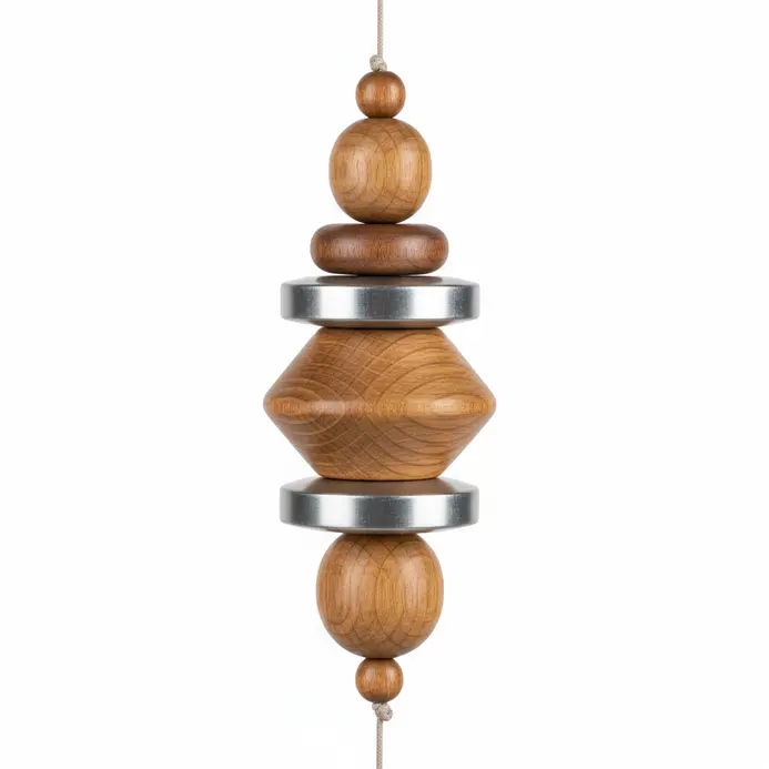 A hybrid wind chime with wooden beads and metal rings