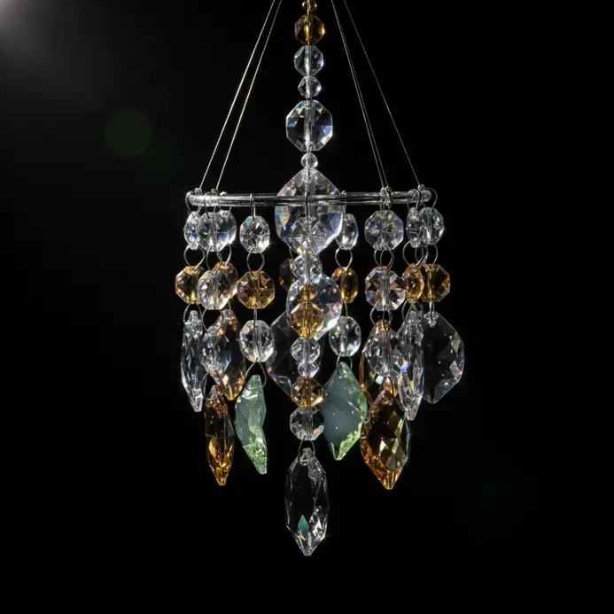 A reflective wind chime with hanging crystals and glass pieces