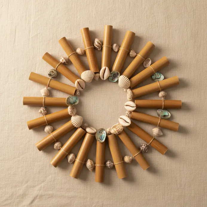 A natural wind chime combining bamboo tubes with cowrie shells