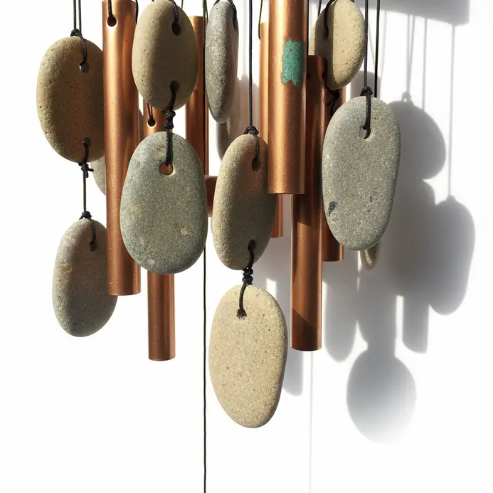 A wind chime with copper pipes and drilled stone pendants