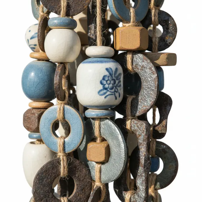 A textural wind chime with ceramic beads and metal washers