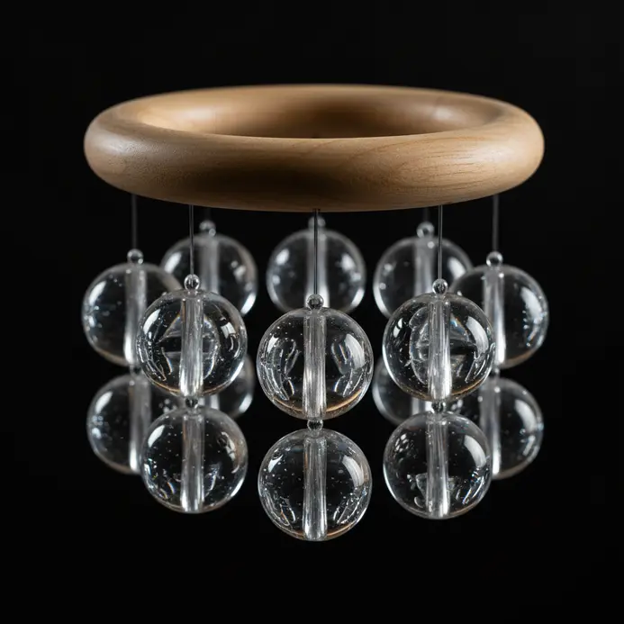 A wooden hoop wind chime with dangling glass marbles
