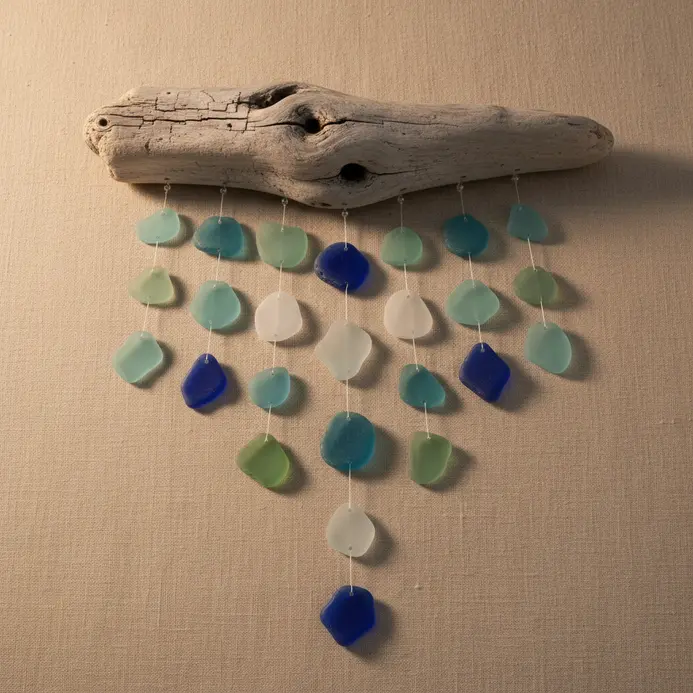 A coastal-themed wind chime with sea glass on driftwood