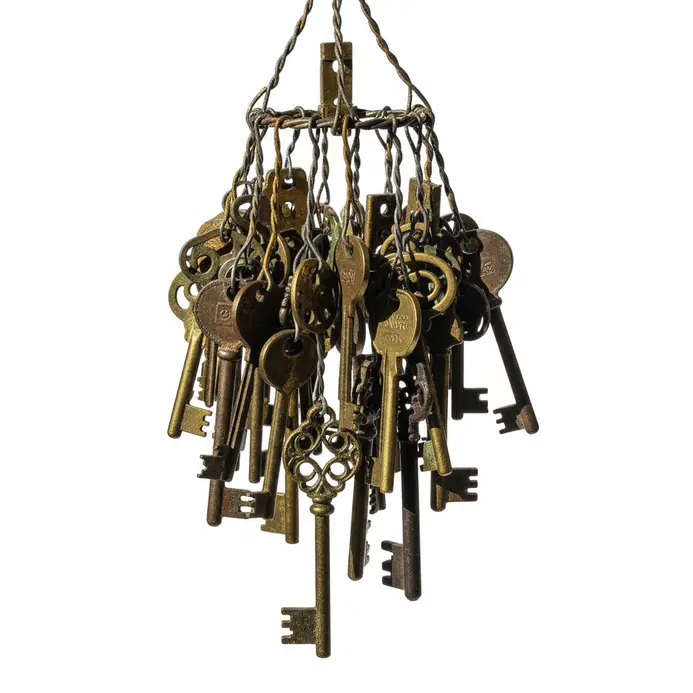 A vintage-style wind chime made from assorted old keys