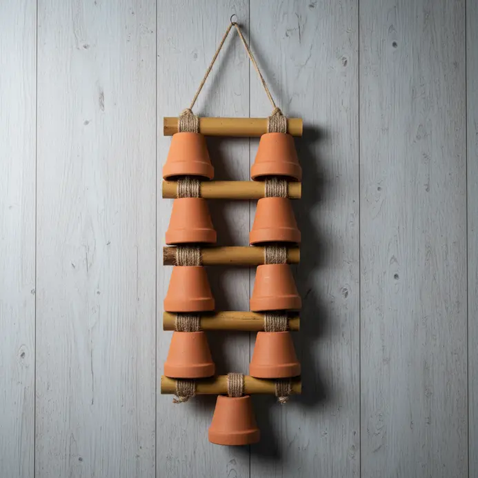 Small clay pots hung with bamboo sticks as a wind chime
