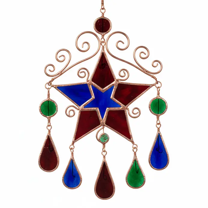 An artistic wind chime with stained glass suncatchers and copper wire