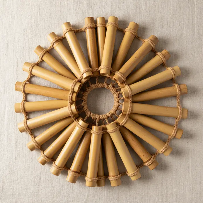 A bamboo wind chime with varying lengths hanging outdoors