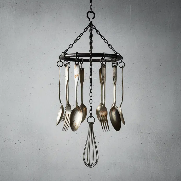 A wind chime constructed from old kitchen utensils