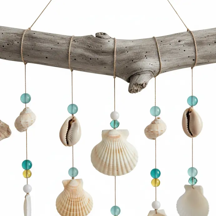 A driftwood base with dangling seashells and beads