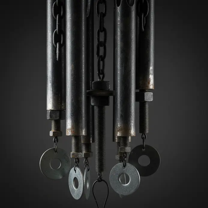 An industrial-style wind chime made from metal hardware