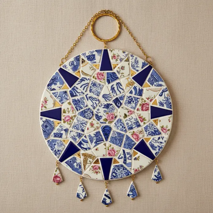A wind chime featuring shards of patterned china and ceramic