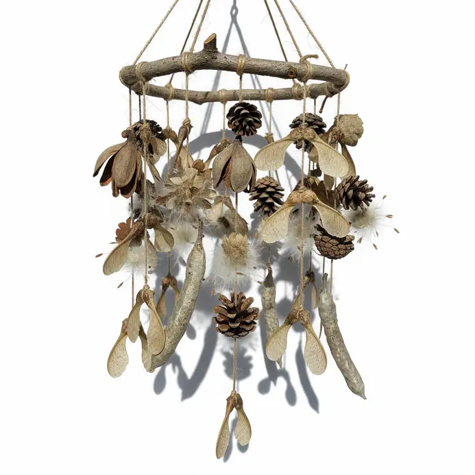 A delicate wind chime made from seed pods and pinecones