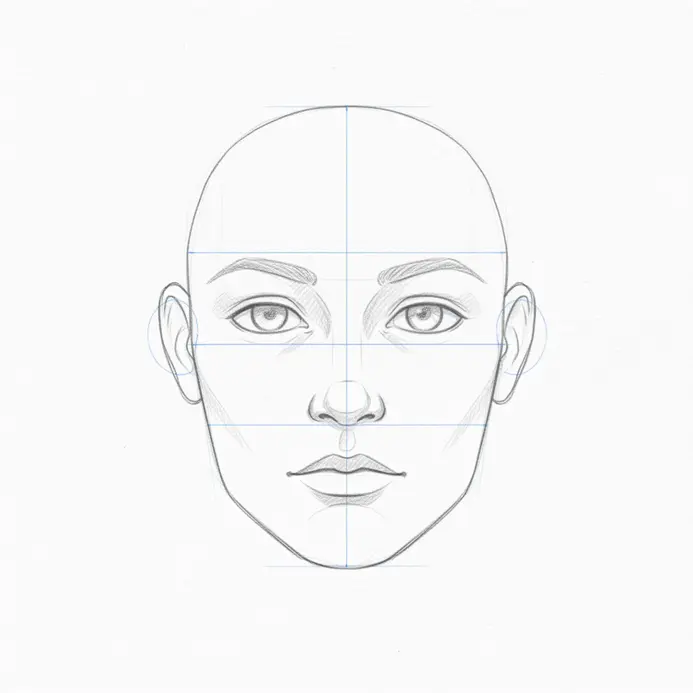 Diagram of a human face divided into three equal horizontal sections with a vertical centerline.