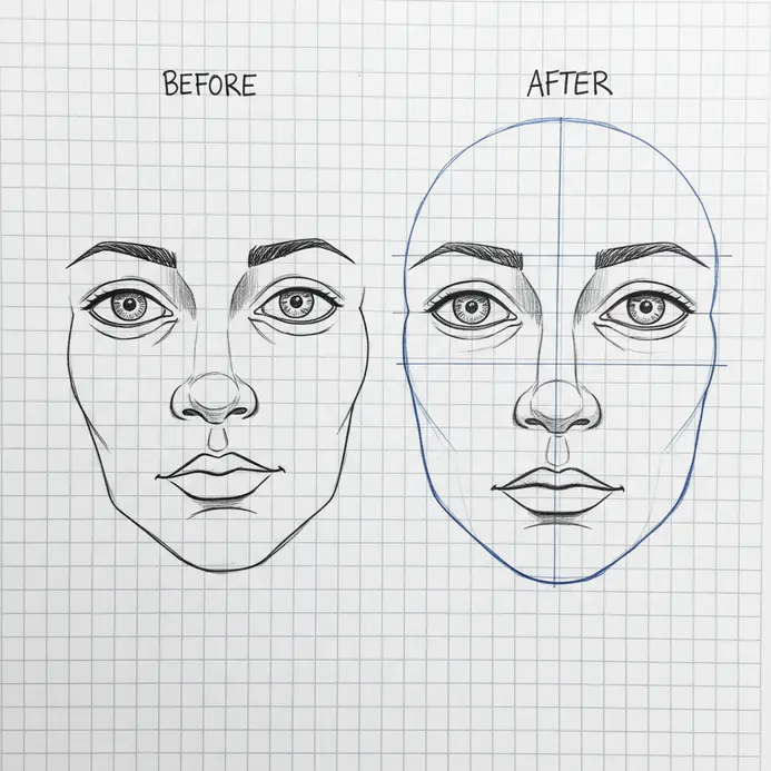 Visual comparison showing a perfectly symmetrical face versus a naturally slightly asymmetrical face.