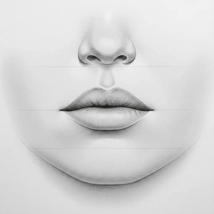 Illustration dividing the lower third of the face to accurately place the upper and lower lips.