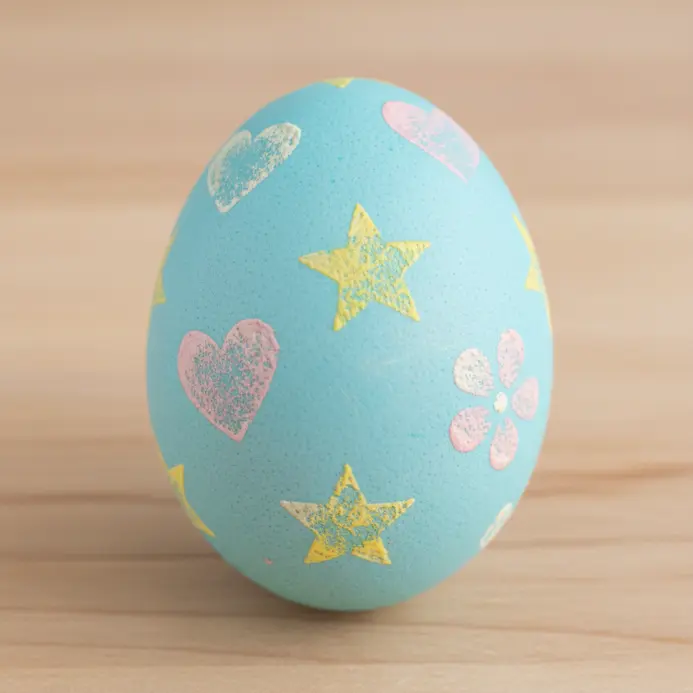 Easter eggs with stamped designs from carved potato stamps.