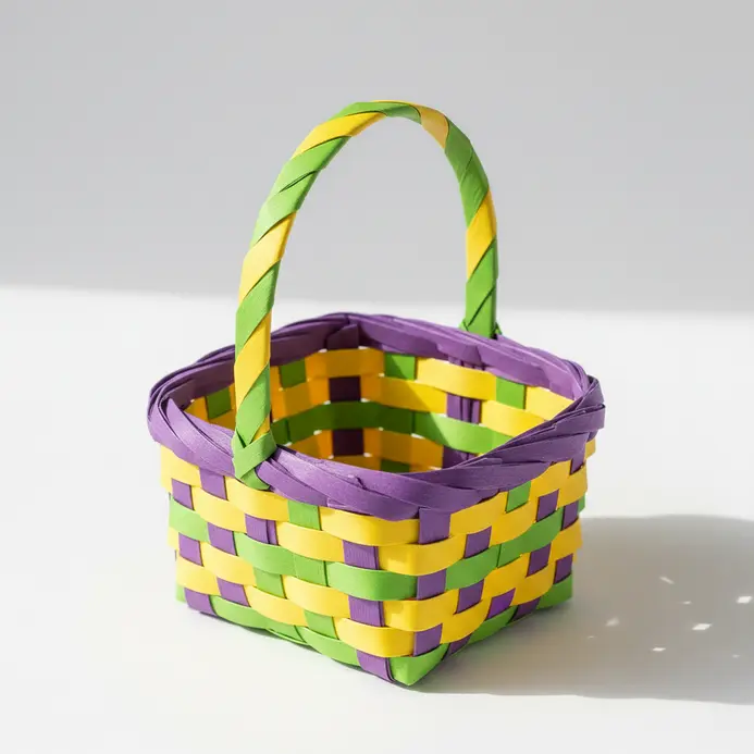 Woven paper strip Easter basket with colorful patterns.