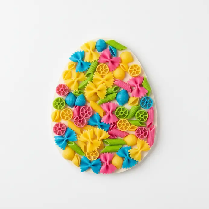 Easter egg shapes adorned with colored pasta noodle mosaics.