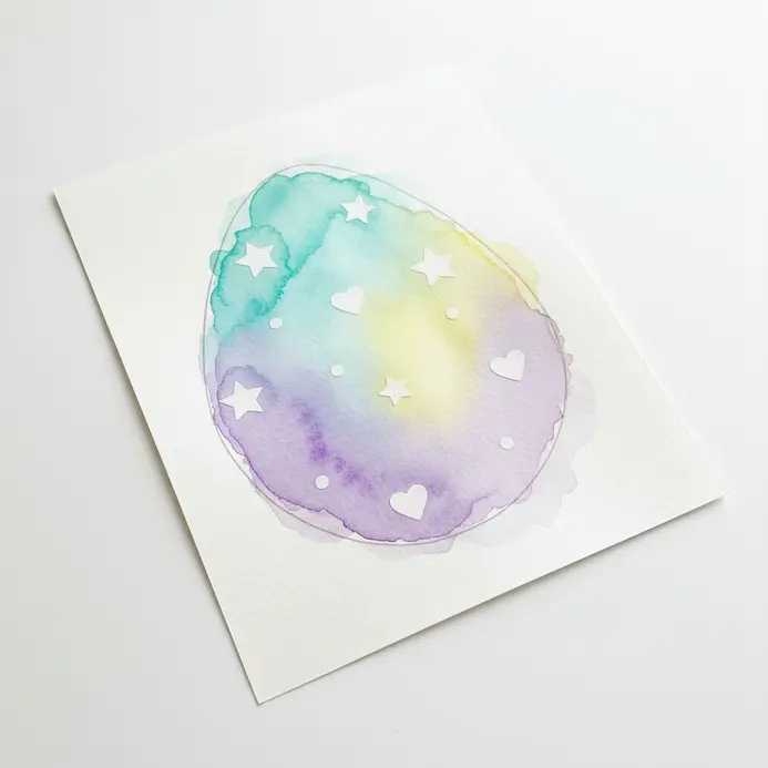 Easter eggs with sticker-resist watercolor designs on paper.