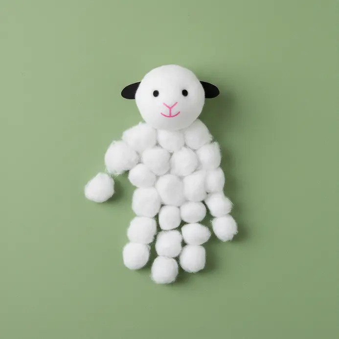 Handprint lamb with cotton wool on a green pasture background.