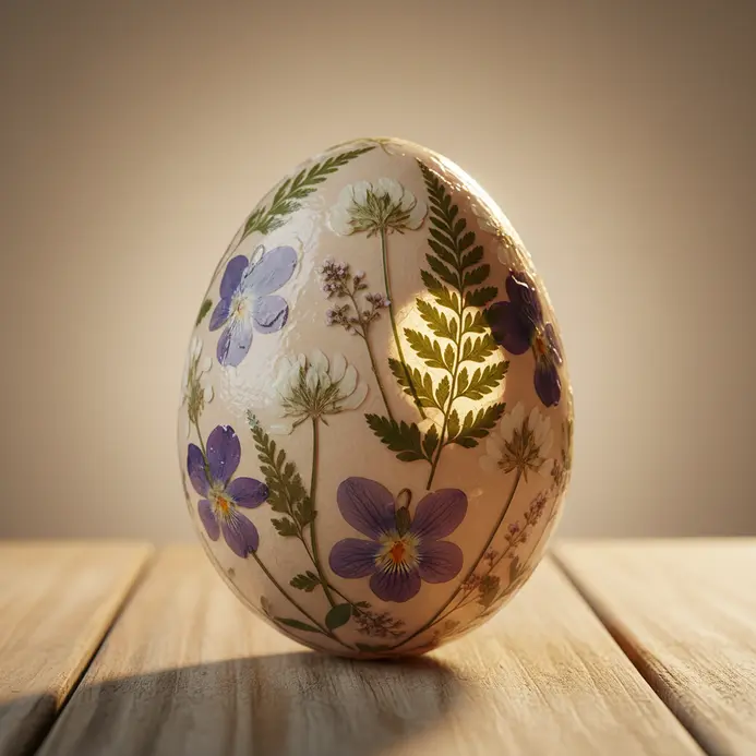 Easter eggs decorated with pressed flowers and leaves.