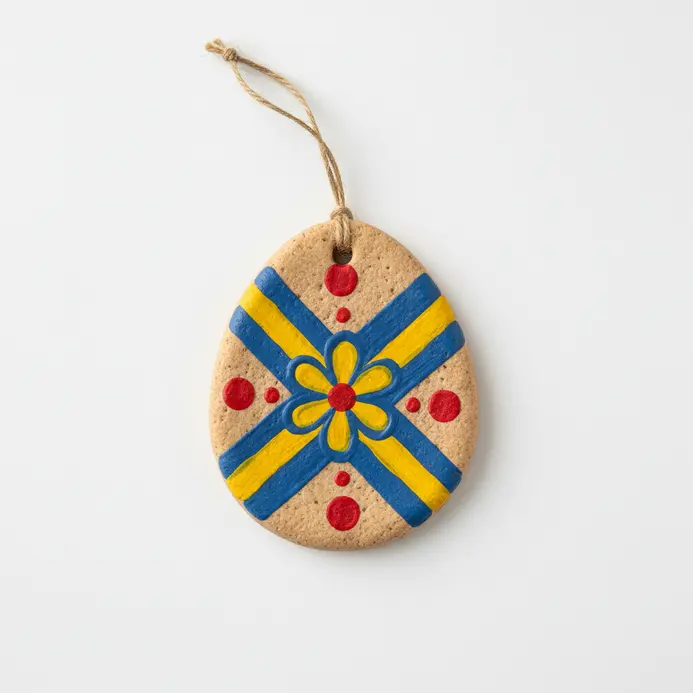 Painted salt dough Easter egg ornaments with string for hanging.