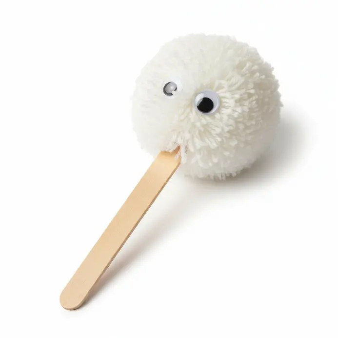 Fluffy pom-pom bunny tail on a stick with googly eyes.