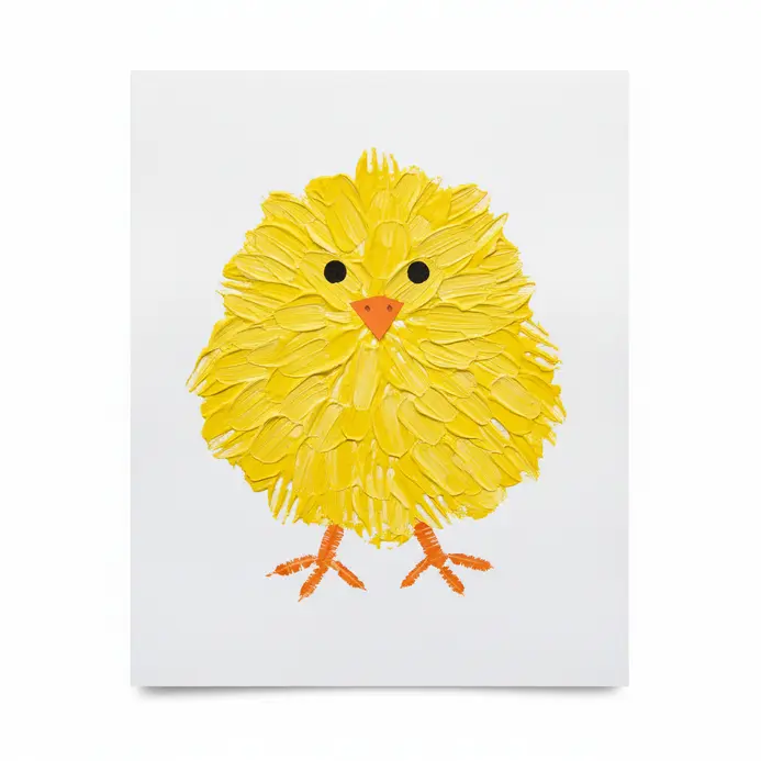 Fork-painted yellow chicks with textured fluff on paper.