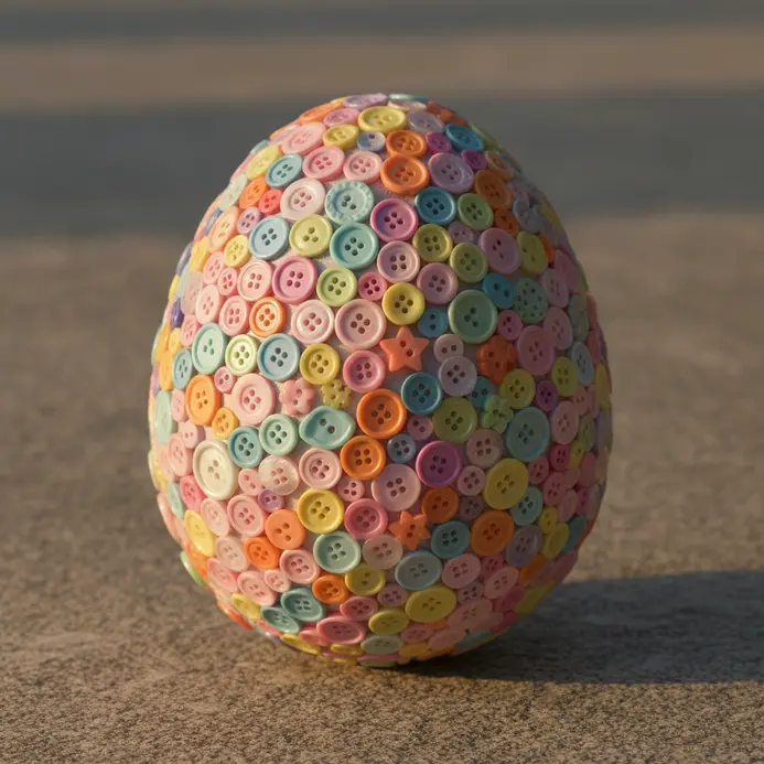Easter eggs covered in assorted colorful buttons.