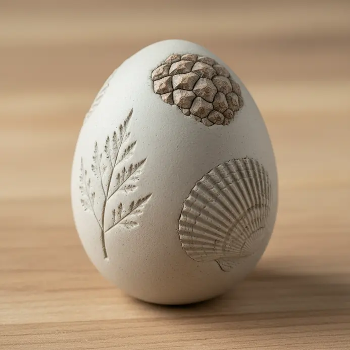 Clay Easter eggs with leaf and shell imprint fossils.