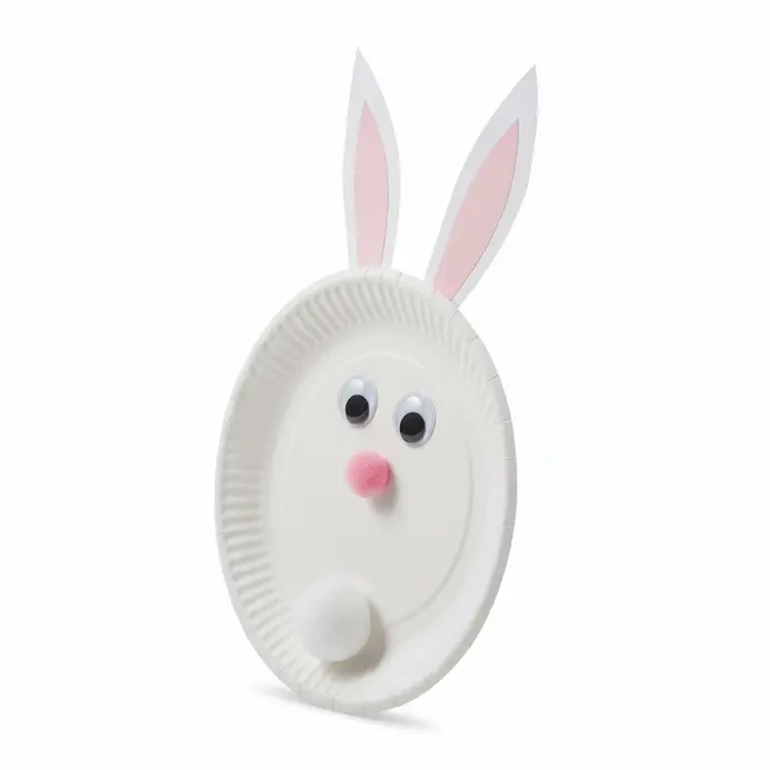 A paper plate Easter bunny with cotton tail and googly eyes.