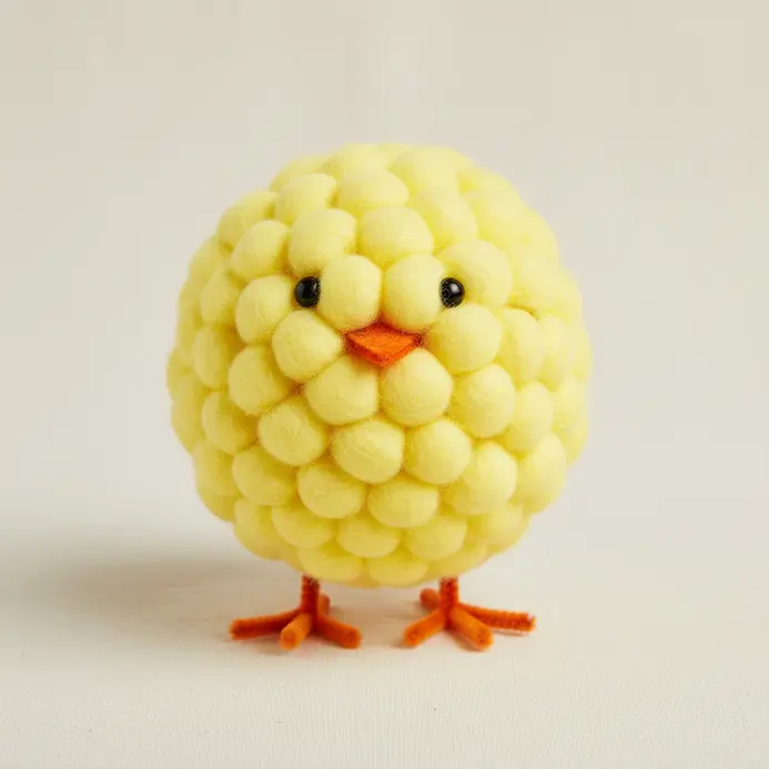 Yellow cotton ball chicks with orange beaks on a spring background.
