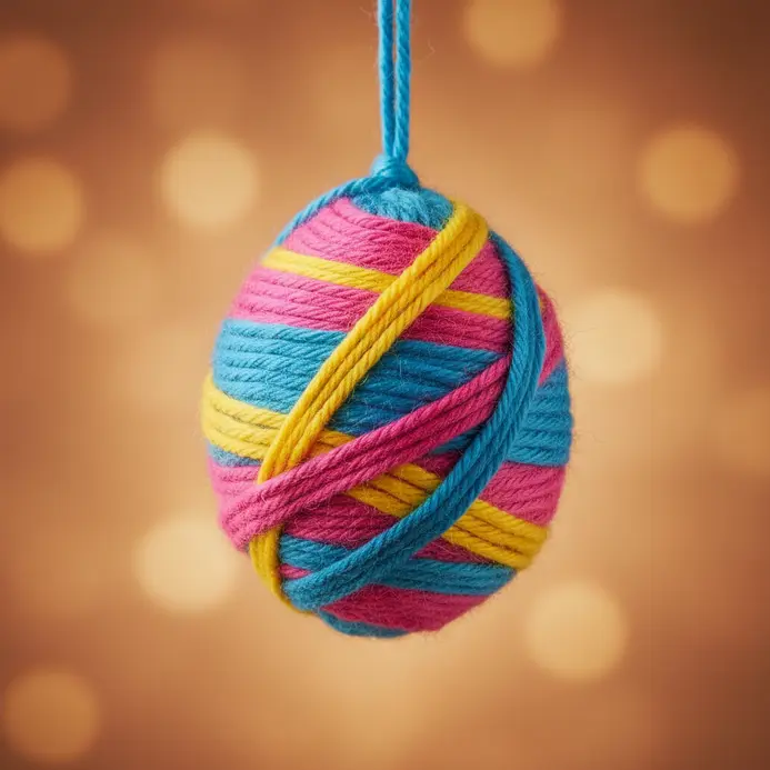 Colorful yarn-wrapped Easter eggs hanging as ornaments.