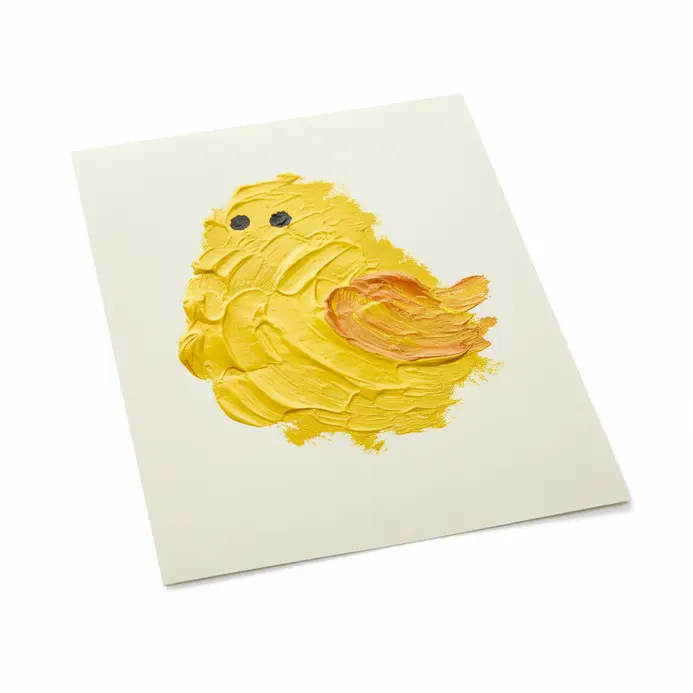 Yellow finger-painted chicks with fingerprint details on paper.