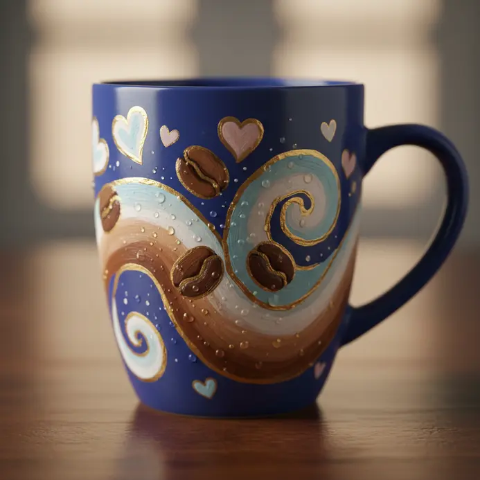 A coffee mug with an asymmetrical abstract painting that feels harmonious.