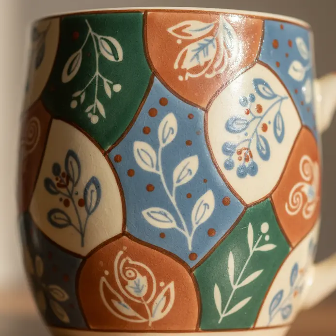 A blue and white striped mug where the pattern continues behind the handle.