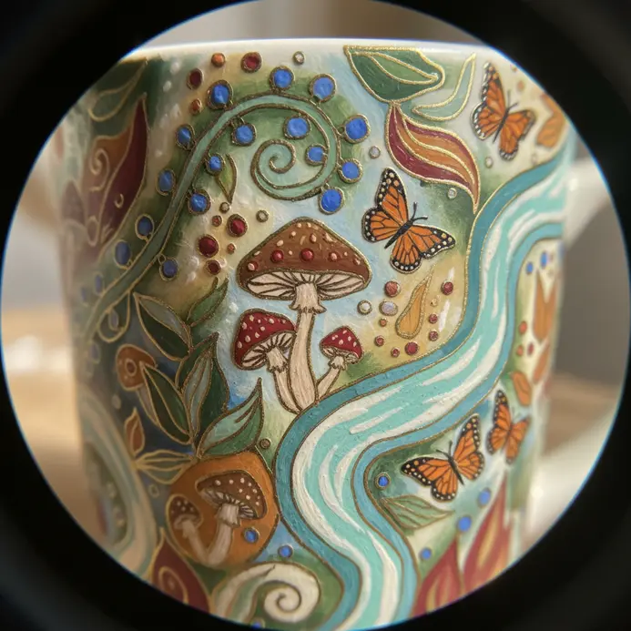 Two painted mugs showing the visual difference between matte and gloss sealants.