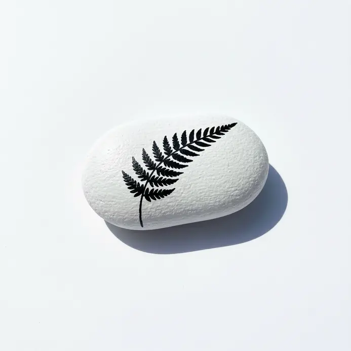 Minimalist botanical line art painted on a white stone with a delicate fern leaf outline