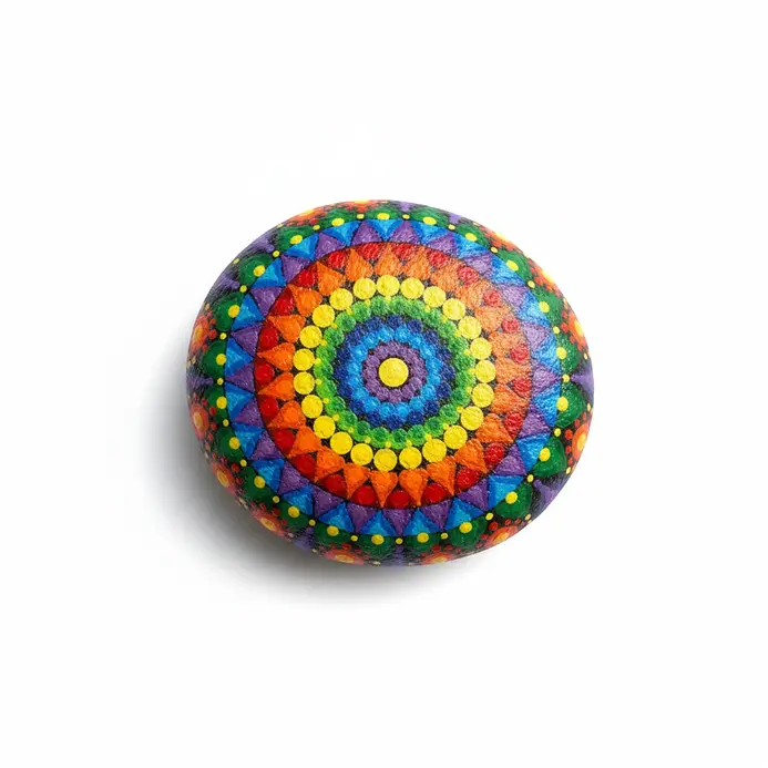 Rainbow mandala painted on a flat rock using many bright colors